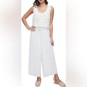 Three Dots White Layered Crochet Wide-Leg Jumpsuit